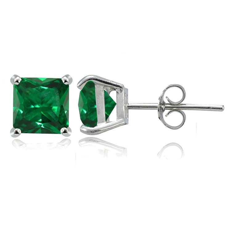 Sterling Silver Created Emerald 6mm Square Stud Earrings