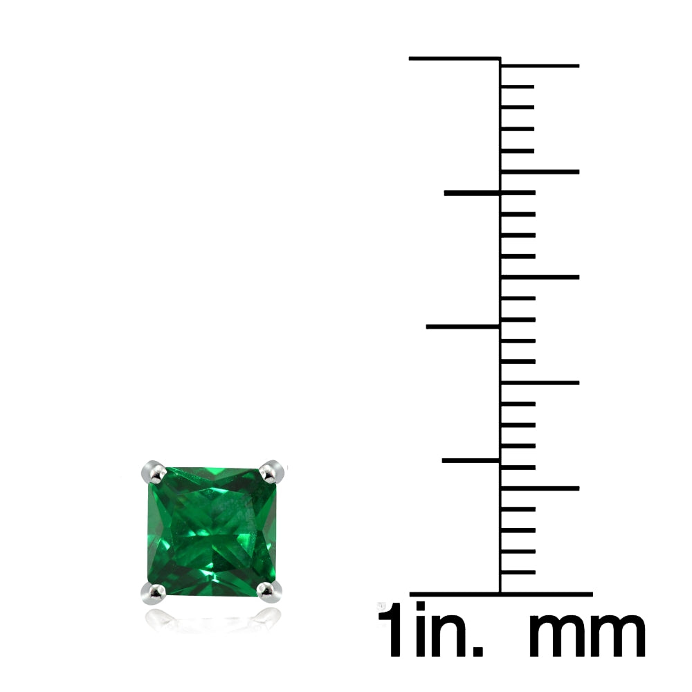 Sterling Silver Created Emerald 6mm Square Stud Earrings-3