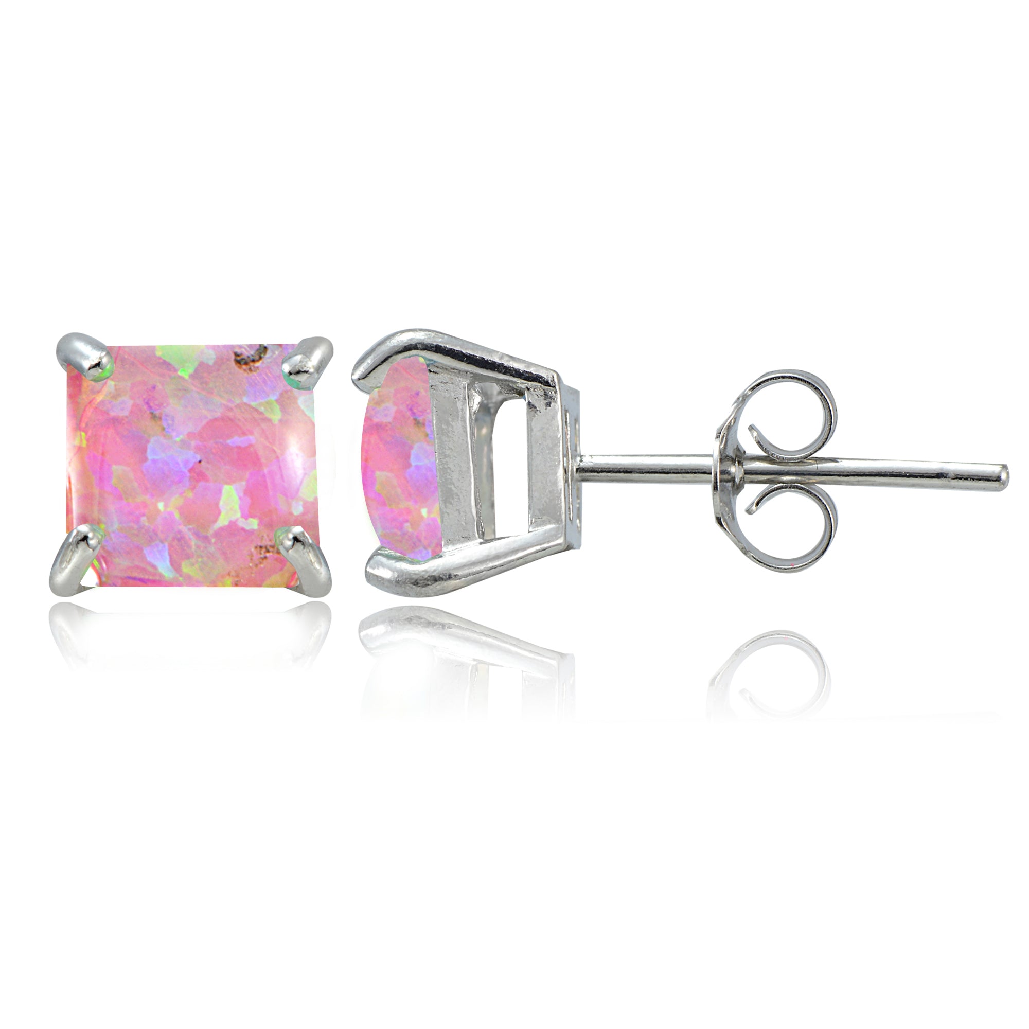 Sterling Silver Pink Opal Square Stud Earrings, 7mm