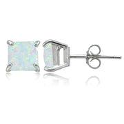 Sterling Silver Created White Opal 6mm Square Stud Earrings