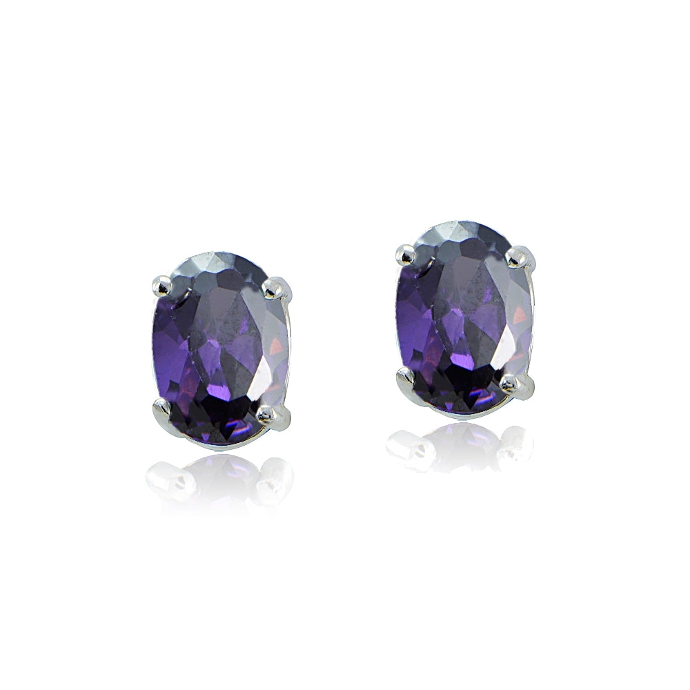 Sterling Silver Amethyst CZ Oval Stud Earrings
