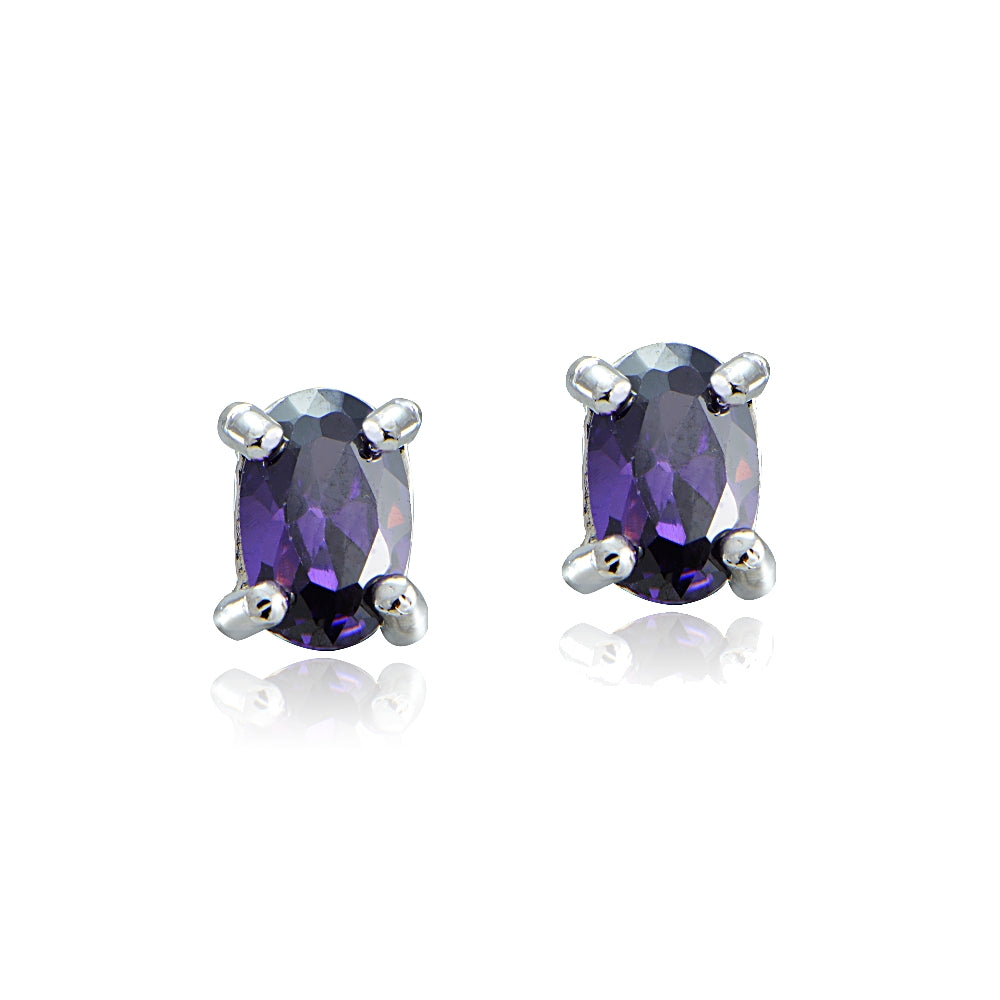 Sterling Silver Amethyst CZ Oval Stud Earrings-2