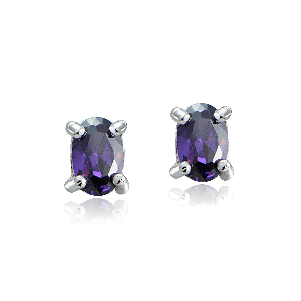 Sterling Silver Amethyst CZ Oval Stud Earrings-3