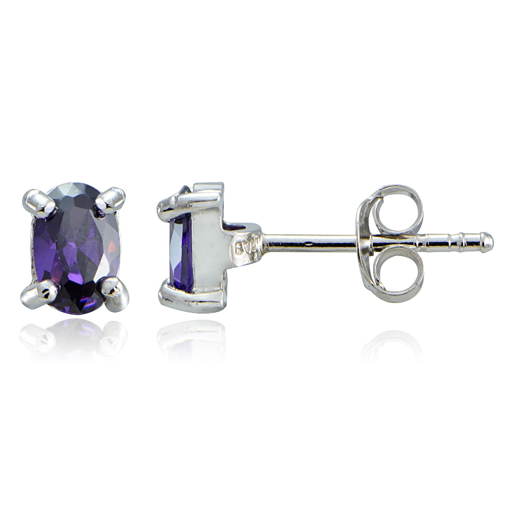 Sterling Silver Amethyst CZ Oval Stud Earrings-4