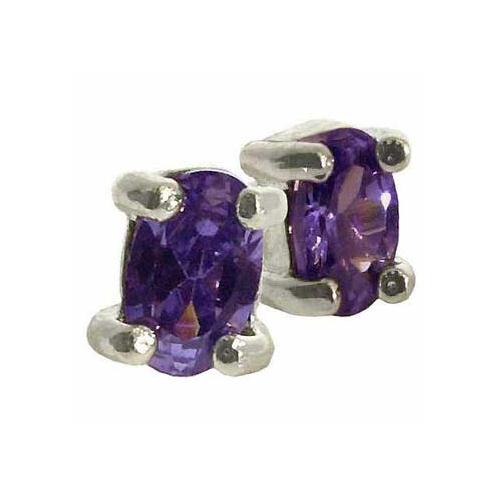 Sterling Silver Amethyst CZ Oval Stud Earrings-6