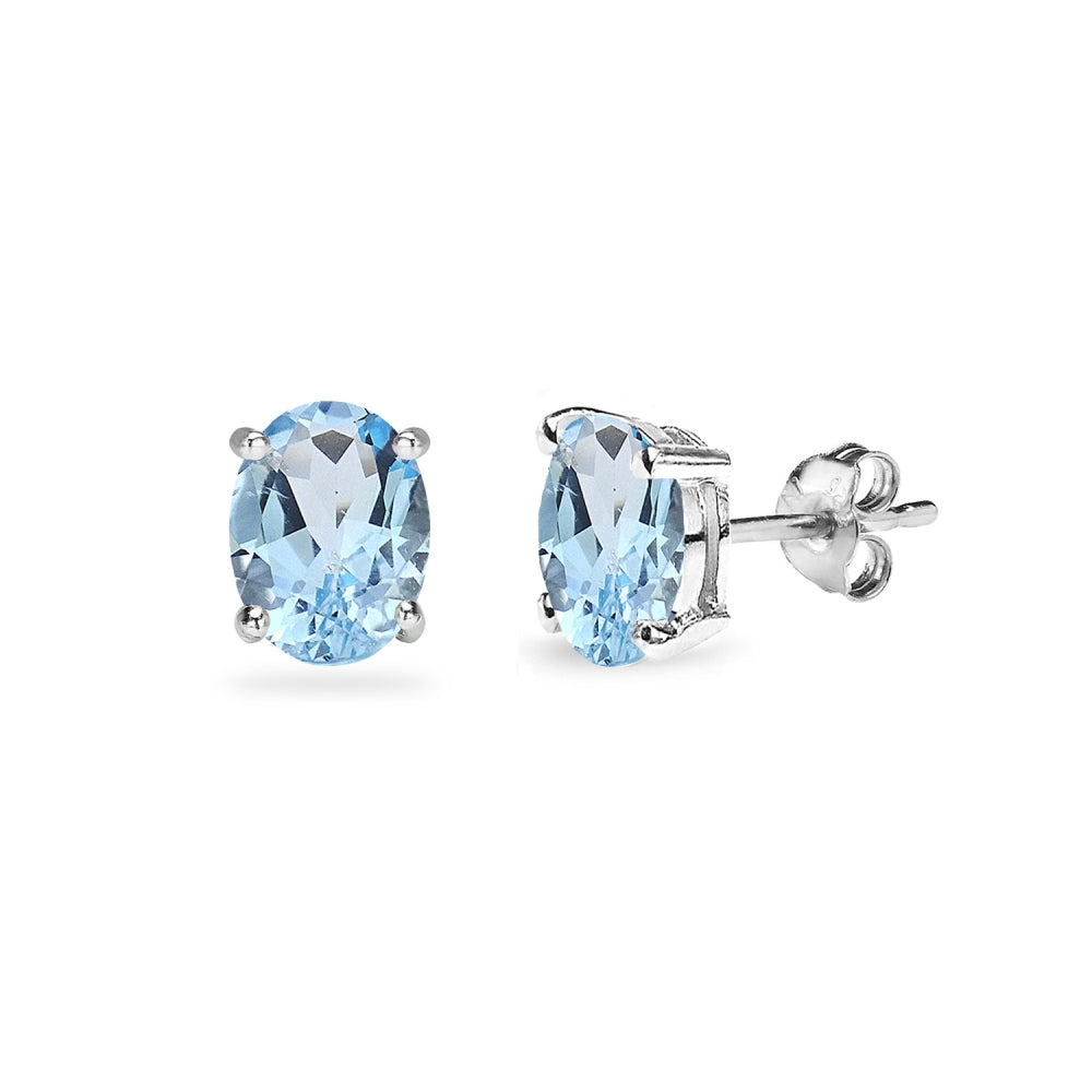 Sterling Silver Blue Topaz 6x4mm Oval-Cut Solitaire Stud Earrings