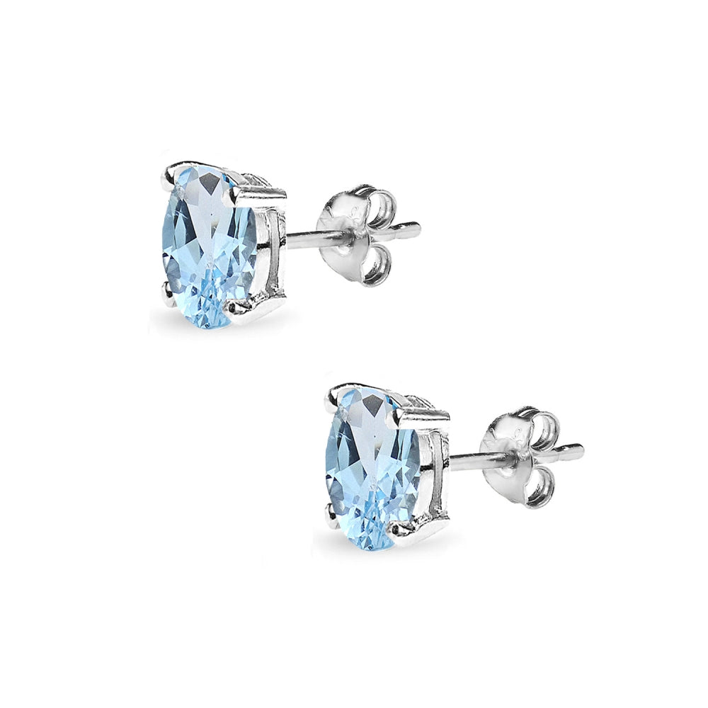 Sterling Silver Blue Topaz 6x4mm Oval-Cut Solitaire Stud Earrings-2