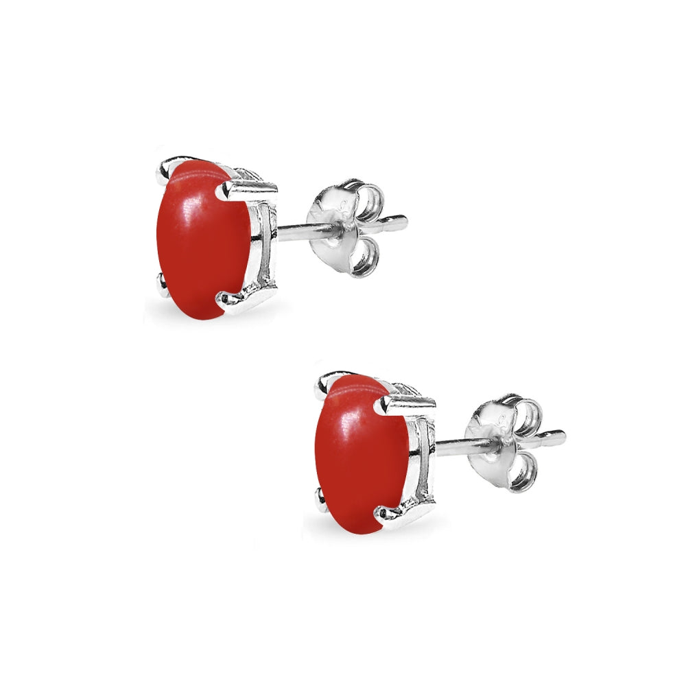 Sterling Silver Deep Coral 6x4mm Oval-Cut Solitaire Stud Earrings-2