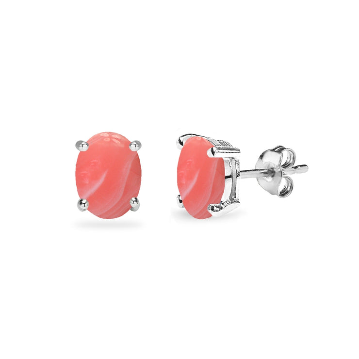 Sterling Silver Created Coral Oval 6x4mm Prong-set Stud Earrings