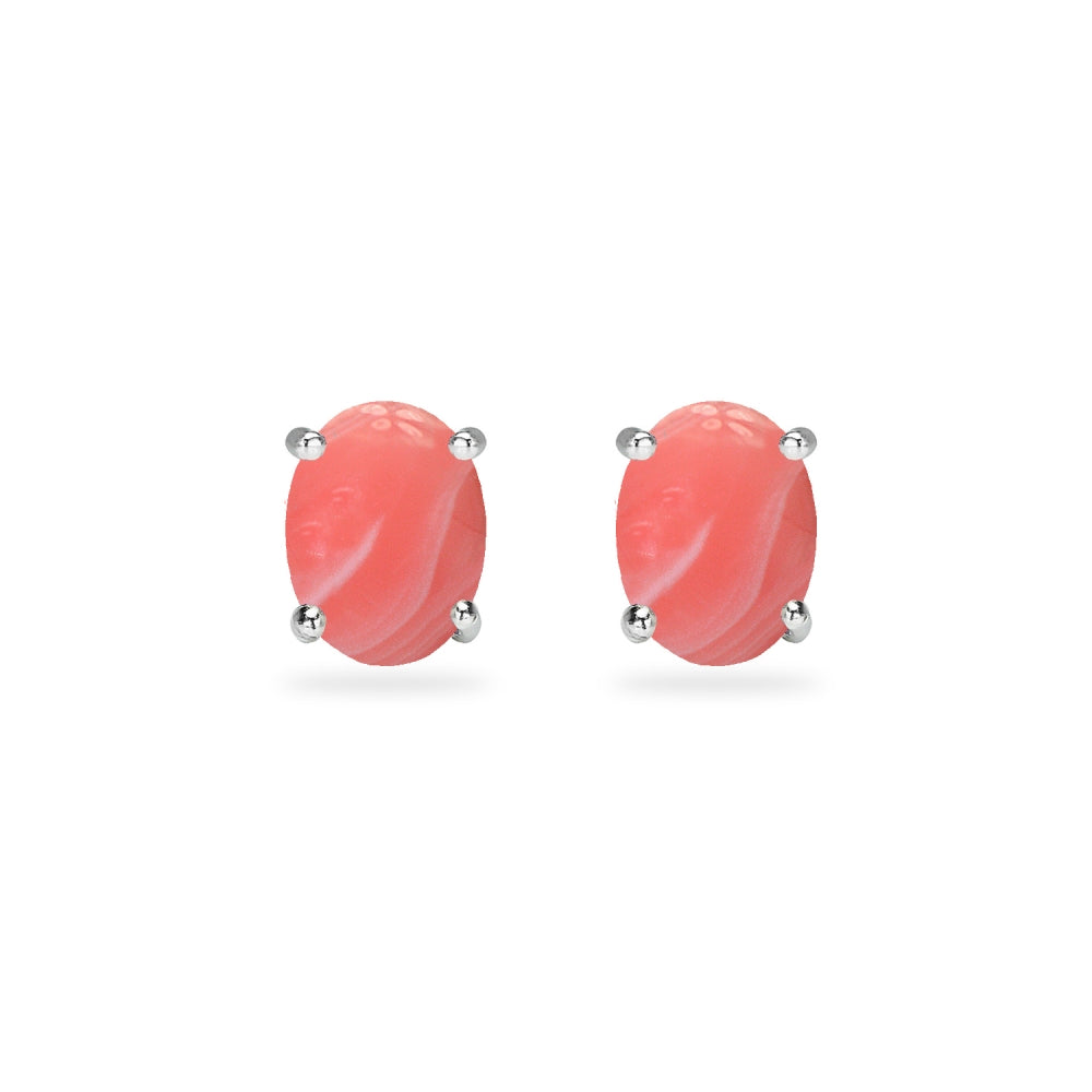 Sterling Silver Created Coral Oval 6x4mm Prong-set Stud Earrings-2