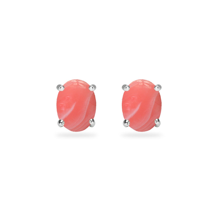 Sterling Silver Created Coral Oval 6x4mm Prong-set Stud Earrings