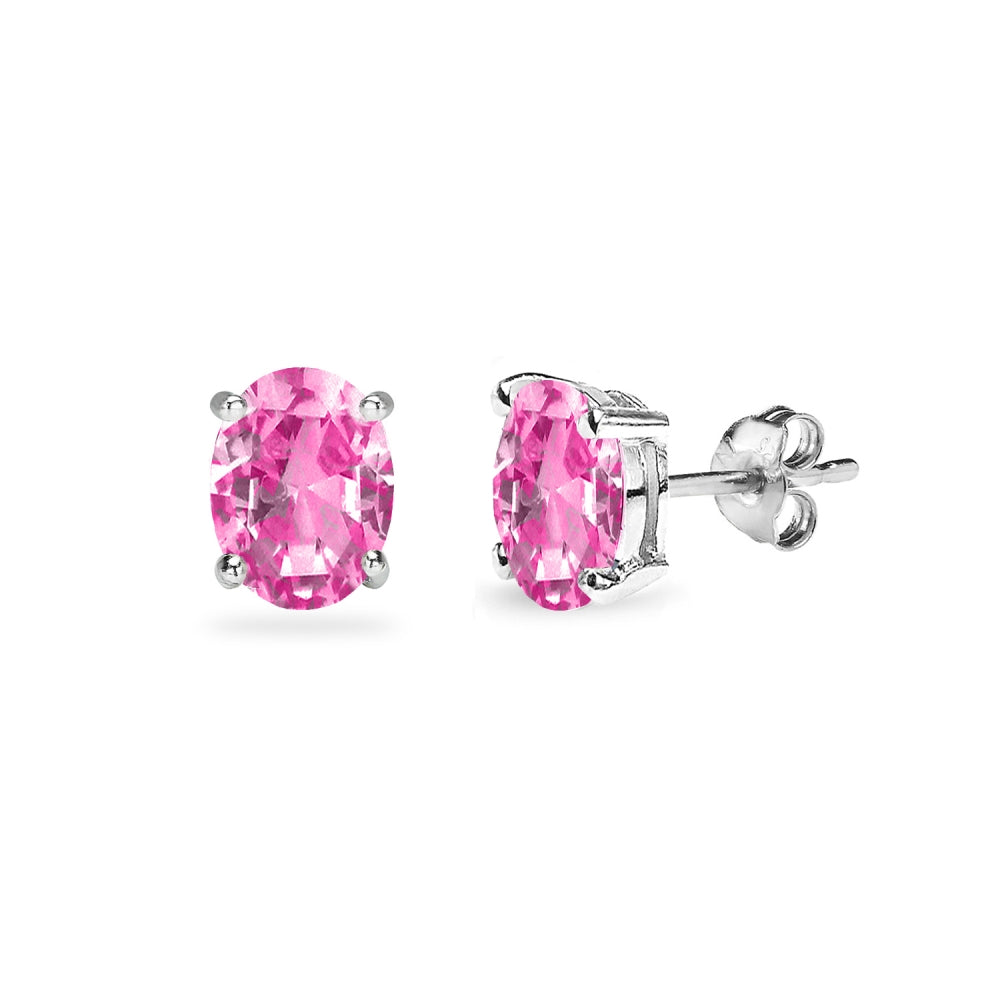 Sterling Silver Created Pink Sapphire 6x4mm Oval Solitaire Dainty Stud Earrings
