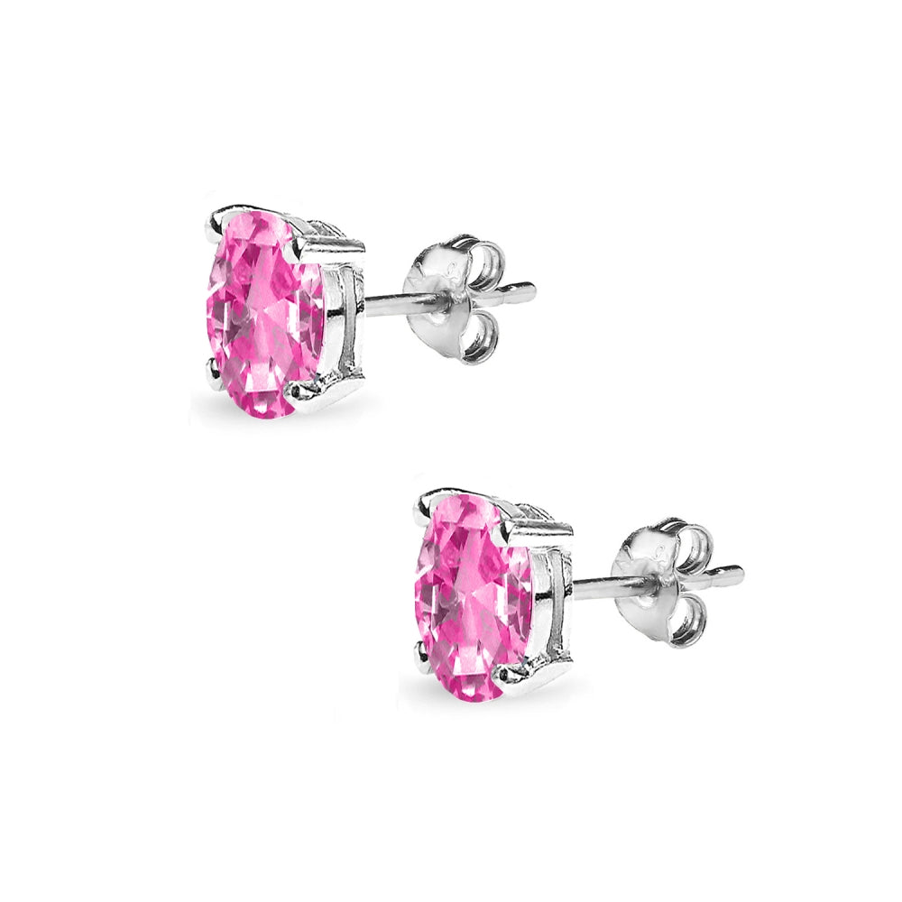 Sterling Silver Created Pink Sapphire 6x4mm Oval Solitaire Dainty Stud Earrings-2