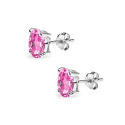 Sterling Silver Created Pink Sapphire 6x4mm Oval Solitaire Dainty Stud Earrings