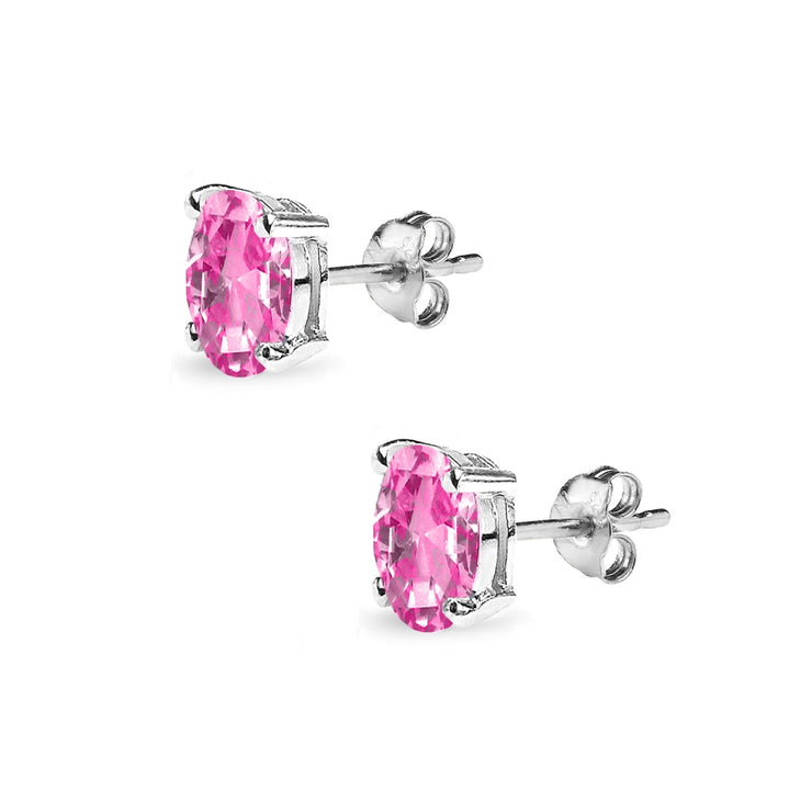 Sterling Silver Created Pink Sapphire 6x4mm Oval Solitaire Dainty Stud Earrings