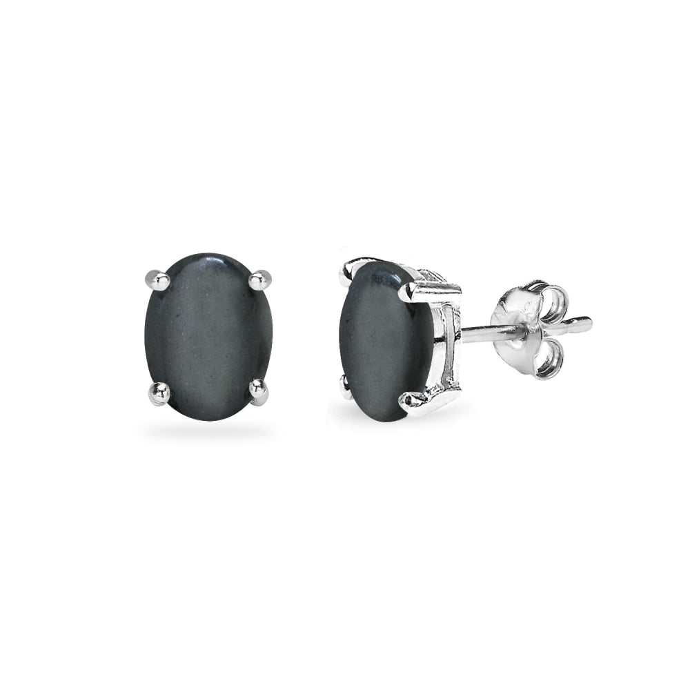 Sterling Silver Hematite 6x4mm Oval-Cut Solitaire Stud Earrings