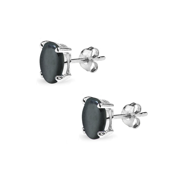 Sterling Silver Hematite 6x4mm Oval-Cut Solitaire Stud Earrings