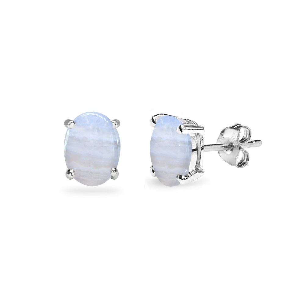 Sterling Silver Lace Agate 6x4mm Oval-Cut Solitaire Stud Earrings