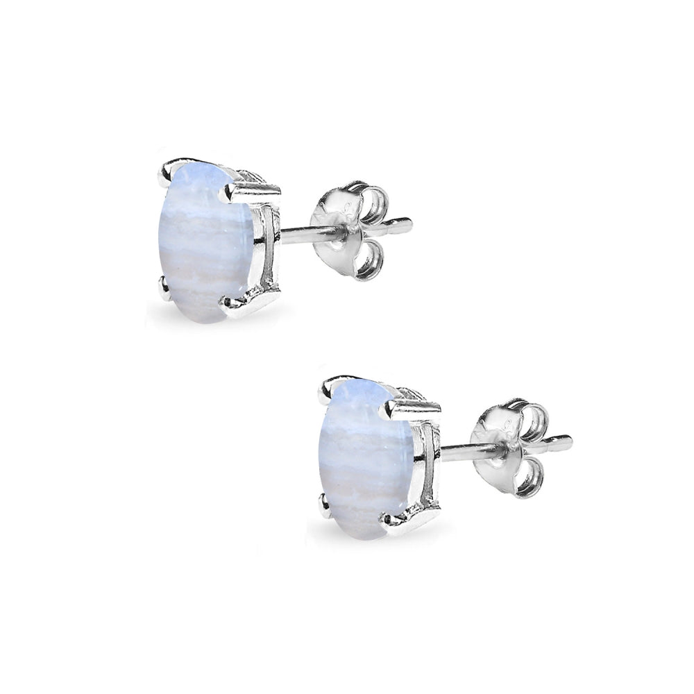 Sterling Silver Lace Agate 6x4mm Oval-Cut Solitaire Stud Earrings-2
