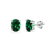 Sterling Silver Created Emerald 6x4mm Oval-Cut Solitaire Stud Earrings