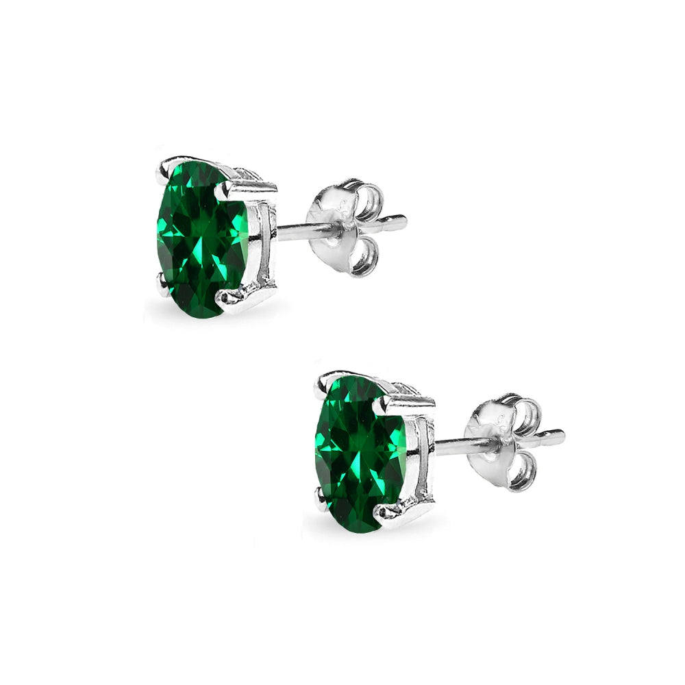 Sterling Silver Created Emerald 6x4mm Oval-Cut Solitaire Stud Earrings-2