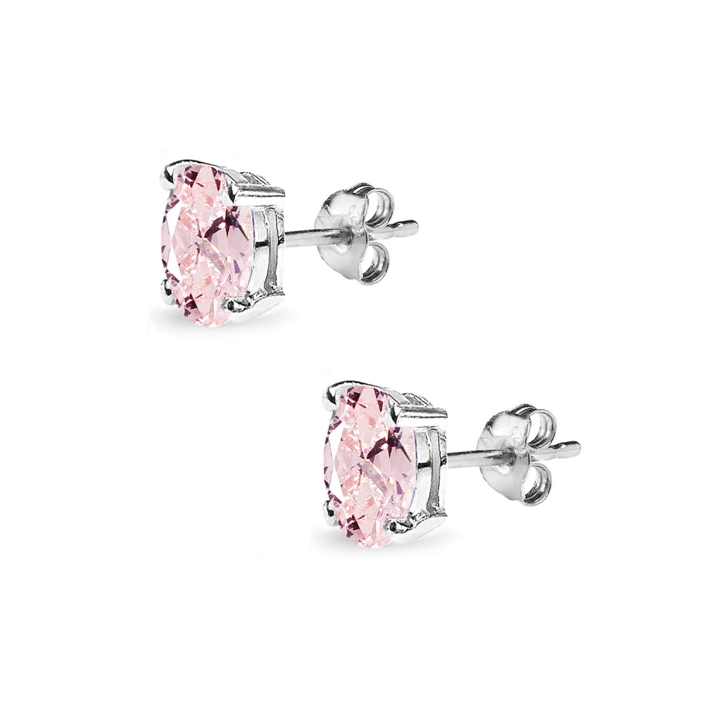 Sterling Silver Created Morganite 6x4mm Oval Solitaire Dainty Stud Earrings-2