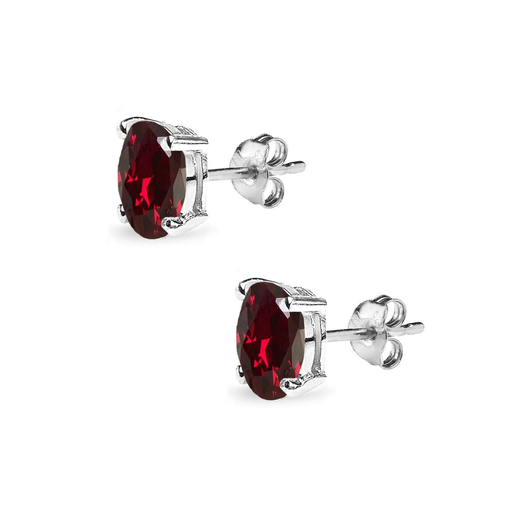 Sterling Silver Created Ruby 6x4mm Oval-Cut Solitaire Stud Earrings-2