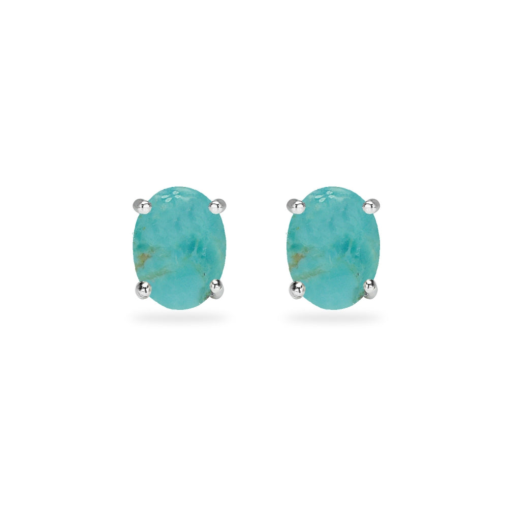 Sterling Silver Created Turquoise Oval 6x4mm Prong-set Stud Earrings-2