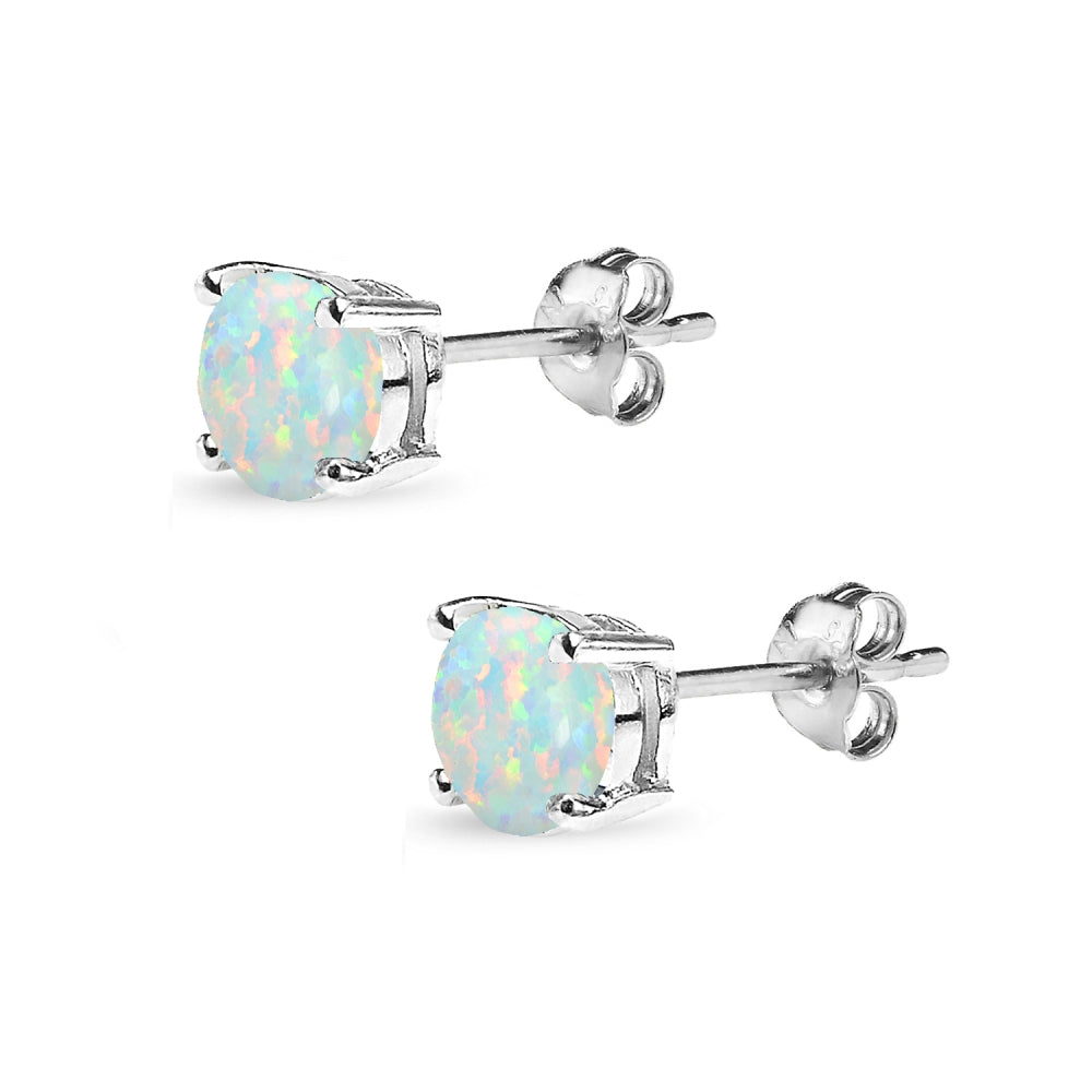 Sterling Silver Created White Opal 6mm Round-Cut Solitaire Stud Earrings-2