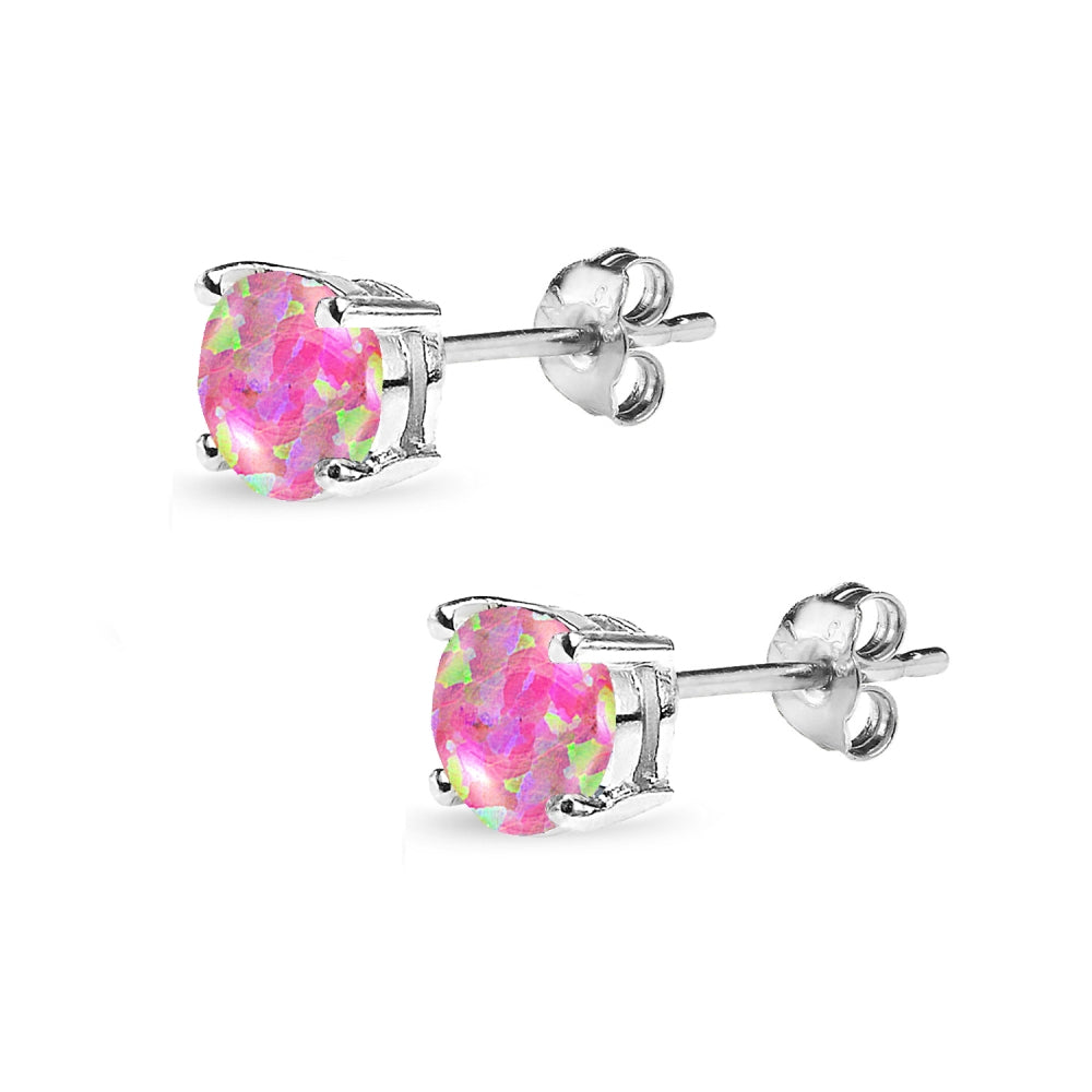 Sterling Silver Created Pink Opal 6mm Round Stud Earrings-2