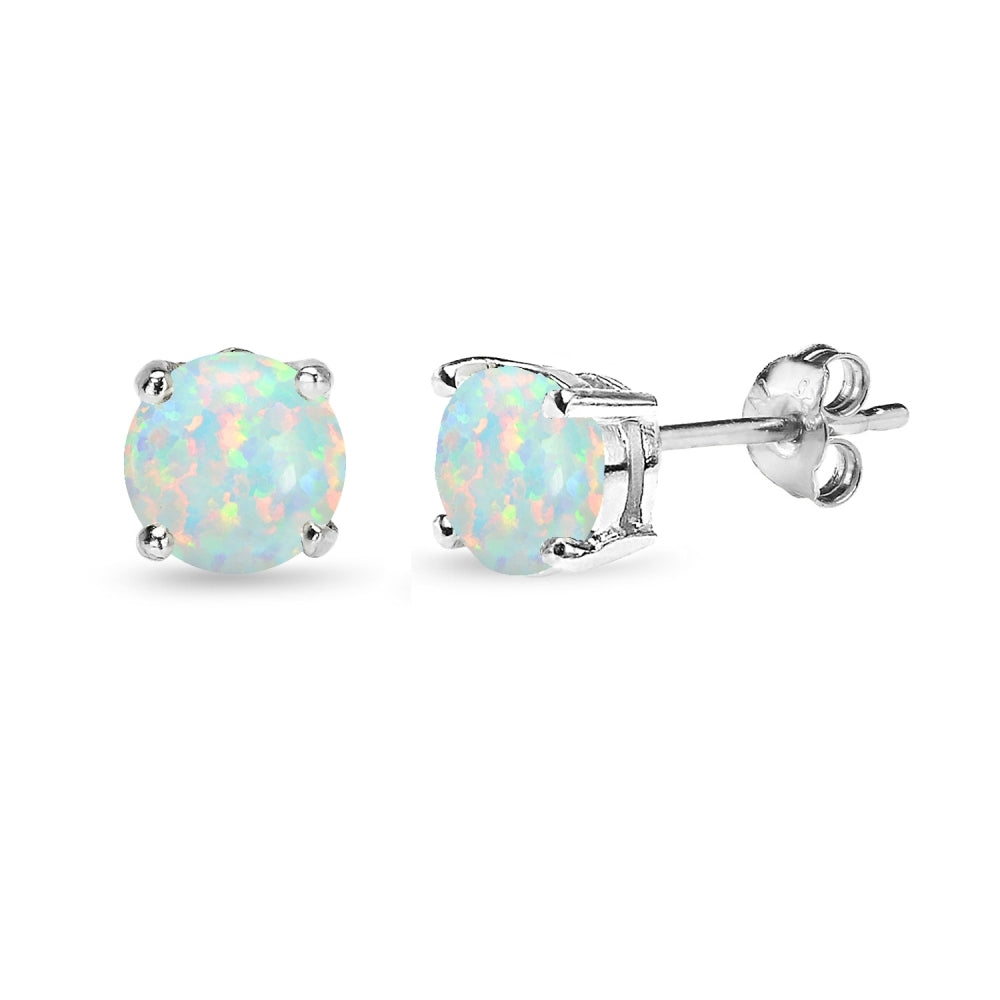 Sterling Silver Created White Opal 6mm Round Stud Earrings-3