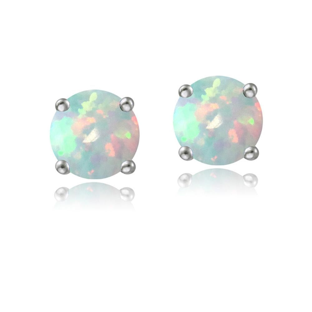 Sterling Silver Created White Opal 6mm Round Stud Earrings-5