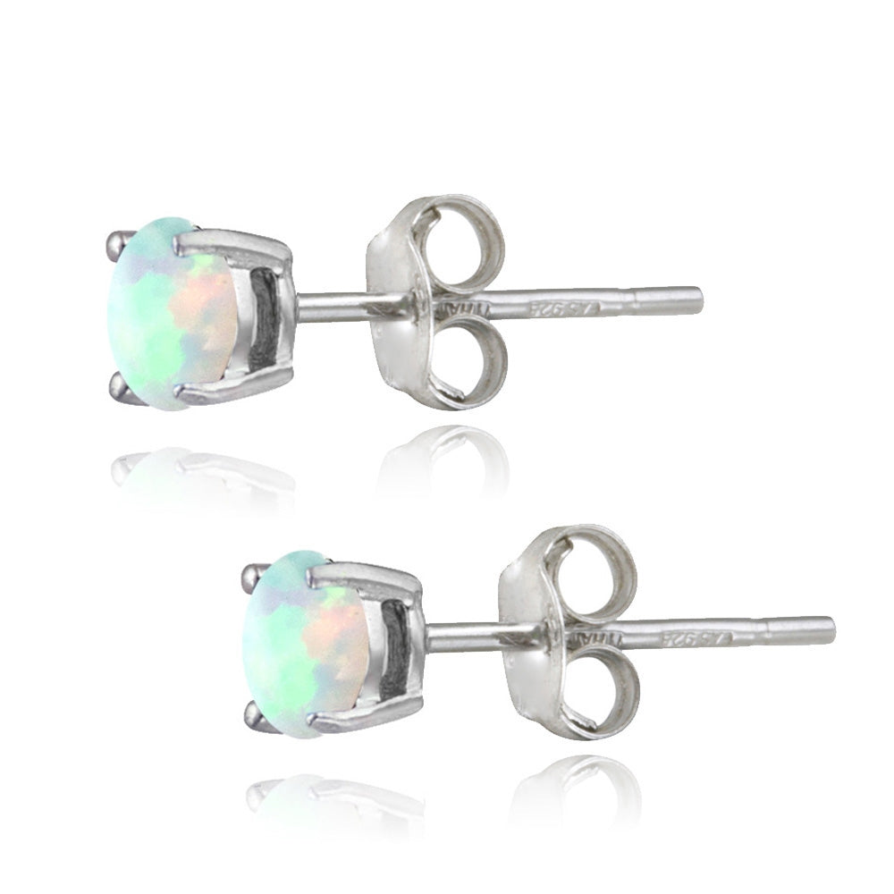 Sterling Silver Created White Opal 6mm Round Stud Earrings-6