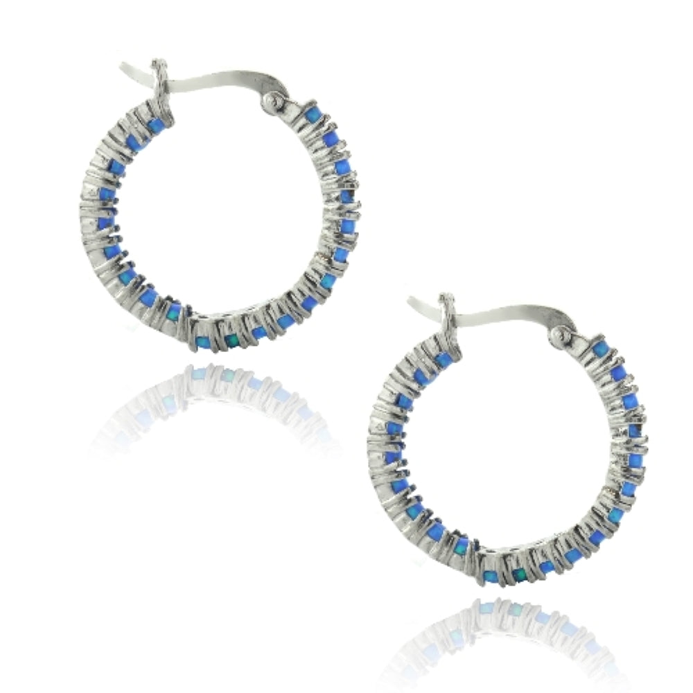 Sterling Silver Blue Opal Inside Out Hoop Earrings-2