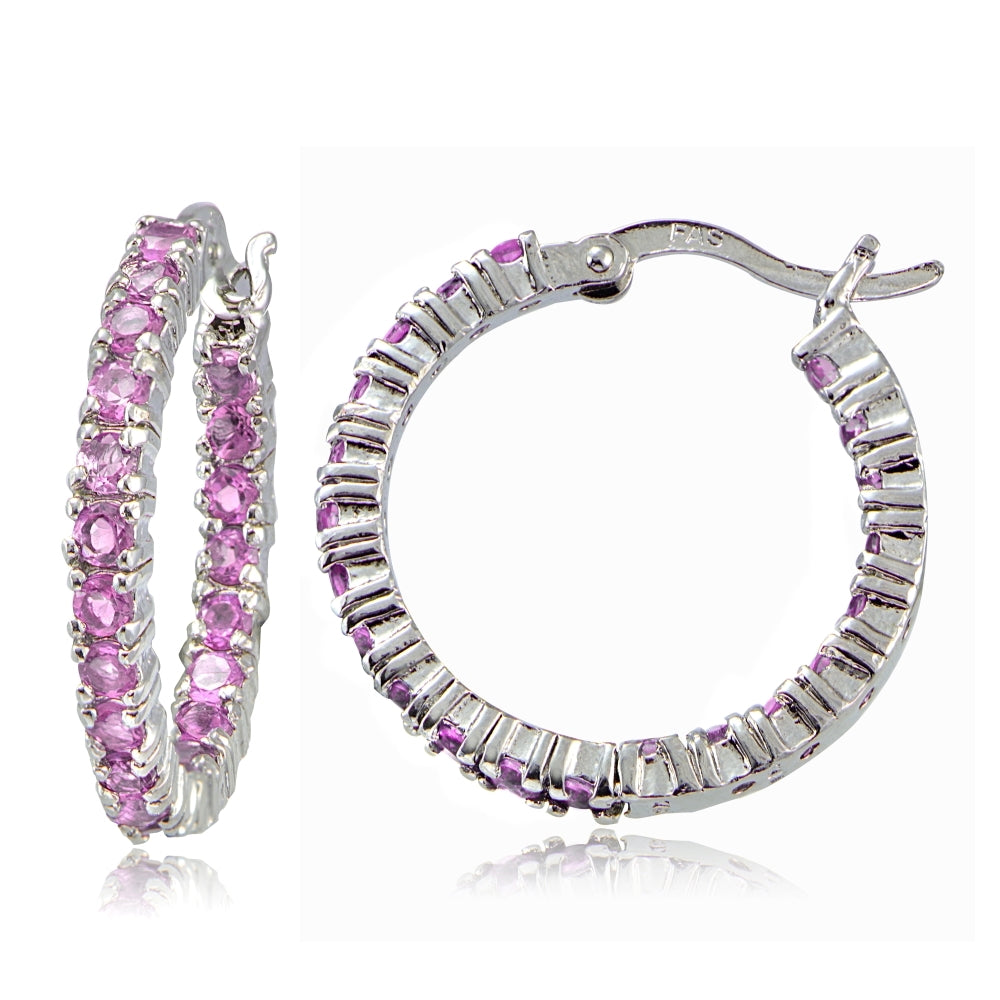 Sterling Silver Light Pink Cubic Zirconia 3mm Round Hoop Earrings, 20mm