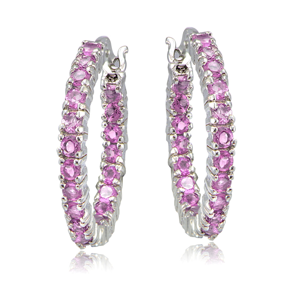 Sterling Silver Light Pink Cubic Zirconia 3mm Round Hoop Earrings, 20mm-2