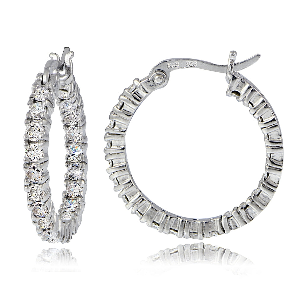 Sterling Silver Cubic Zirconia 3mm Round Hoop Earrings, 20mm