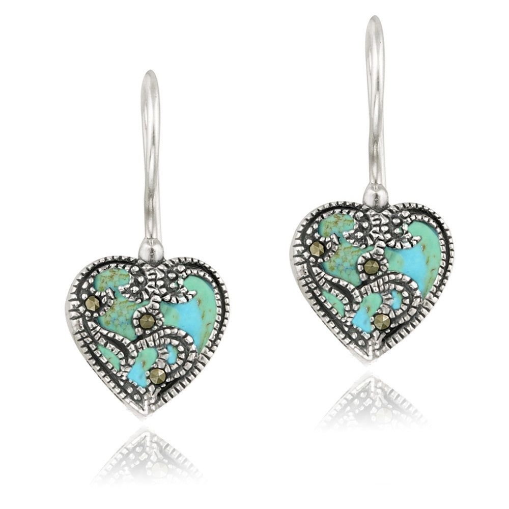 Sterling Silver Created Turquoise & Marcasite Heart Drop Earrings
