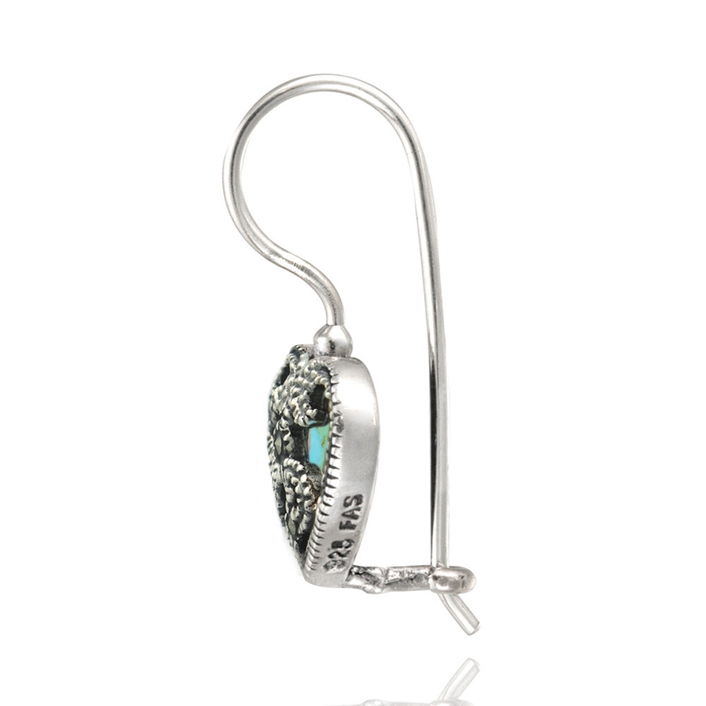 Sterling Silver Created Turquoise & Marcasite Heart Drop Earrings-3