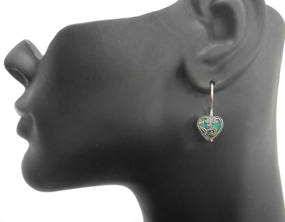 Sterling Silver Created Turquoise & Marcasite Heart Drop Earrings-4