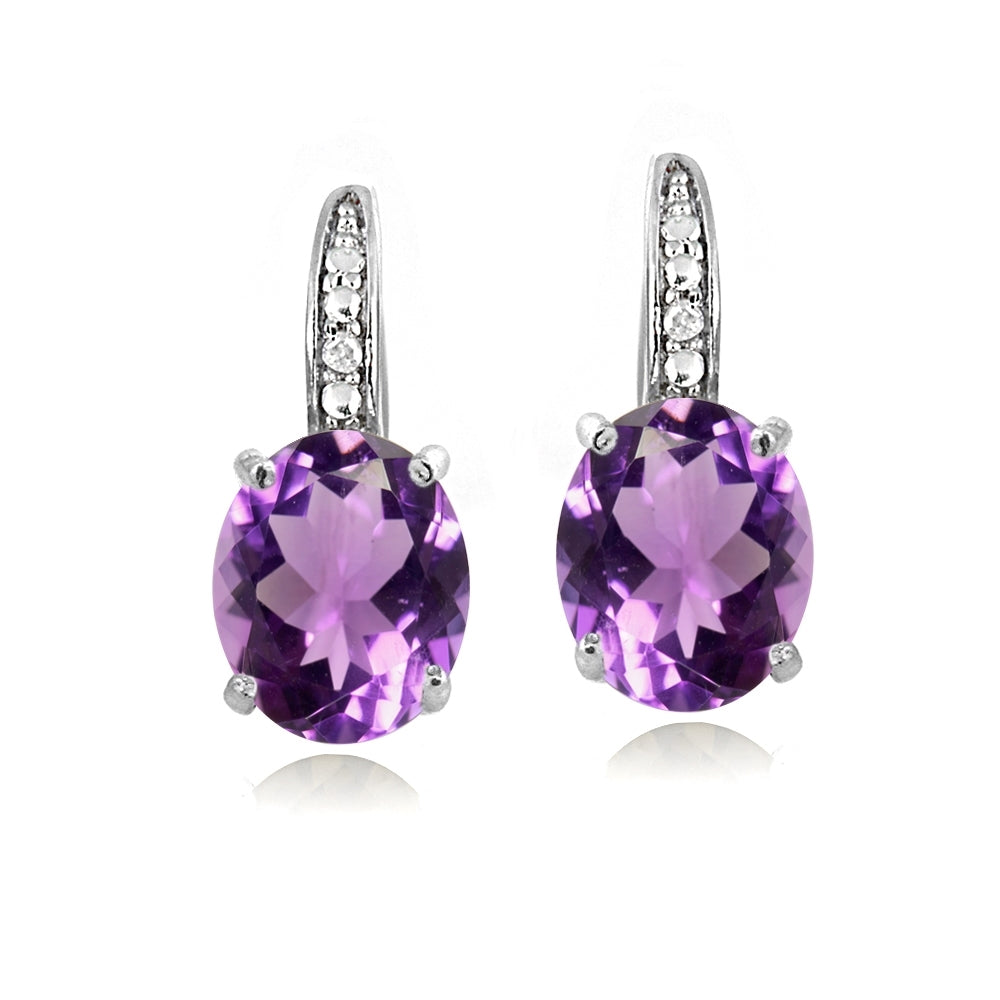 Sterling Silver Amethyst & Diamond Accent Oval Leverback Earrings