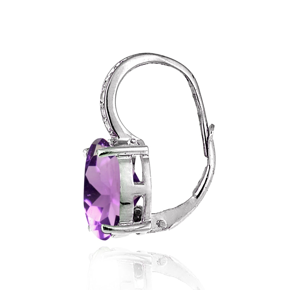 Sterling Silver Amethyst & Diamond Accent Oval Leverback Earrings-2