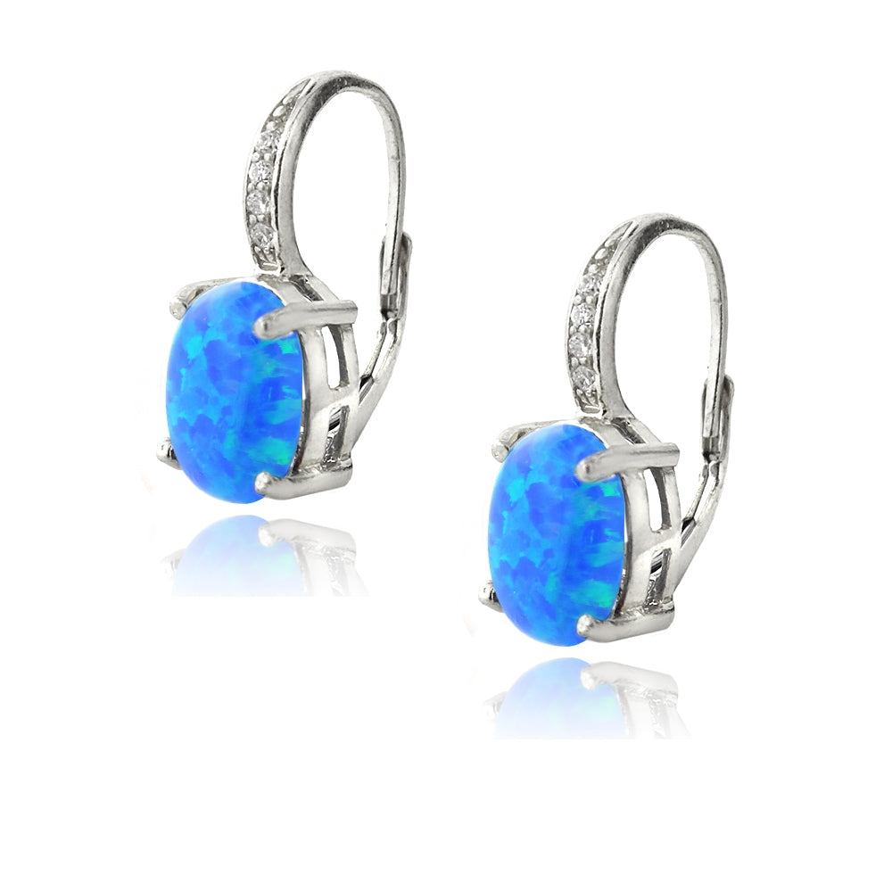Sterling Silver Created Blue Opal & Diamond Accent Oval Leverback Earrings-2