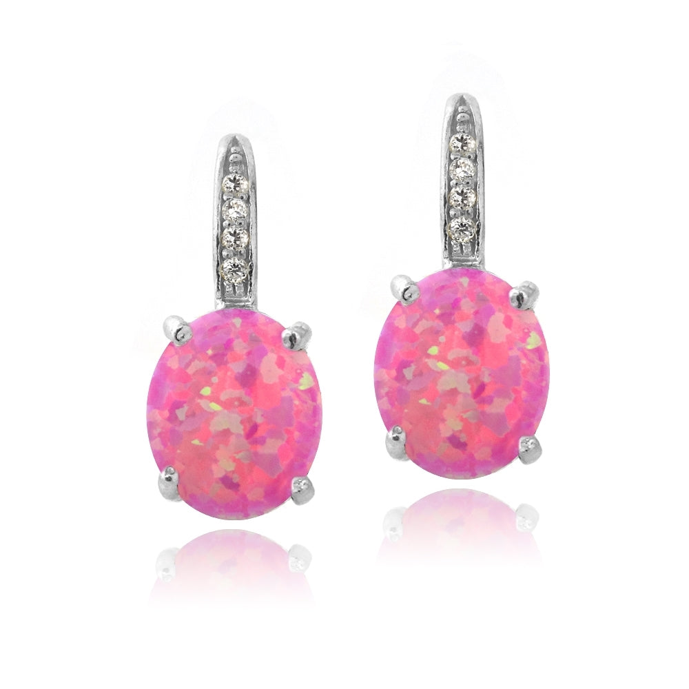 Sterling Silver Created Pink Opal & Diamond Accent Oval Leverback Earrings