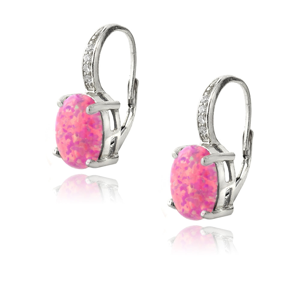 Sterling Silver Created Pink Opal & Diamond Accent Oval Leverback Earrings-2