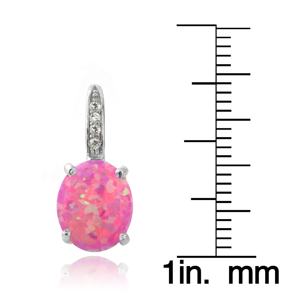 Sterling Silver Created Pink Opal & Diamond Accent Oval Leverback Earrings-3