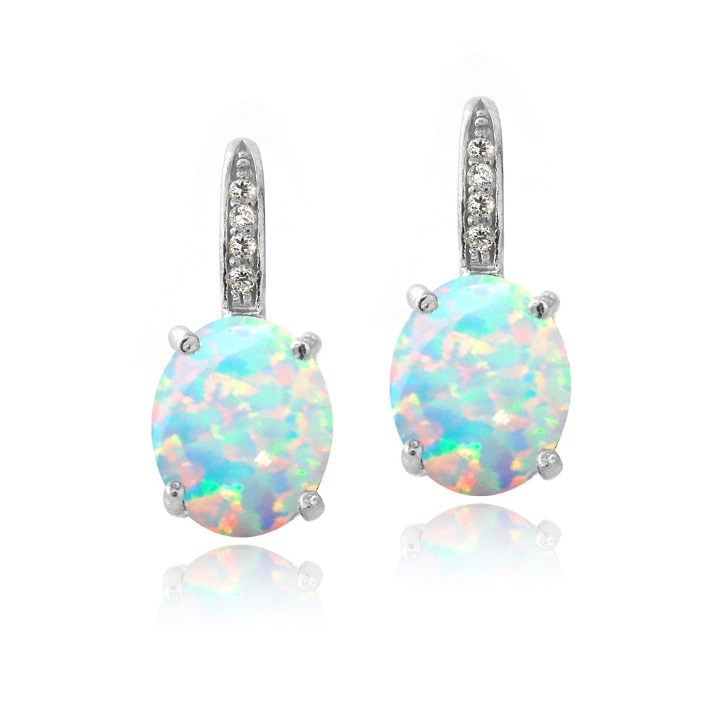 Sterling Silver Created Opal & Diamond Accent Oval Leverback Earrings