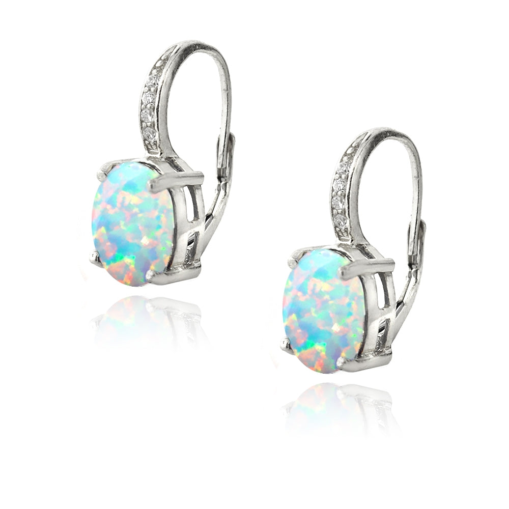 Sterling Silver Created Opal & Diamond Accent Oval Leverback Earrings-2