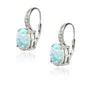 Sterling Silver Created Opal & Diamond Accent Oval Leverback Earrings