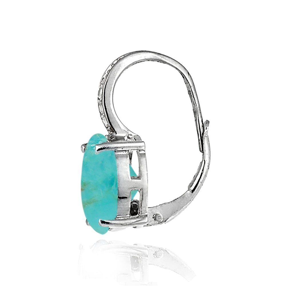 Sterling Silver Created Turquoise Opal & Diamond Accent Oval Leverback Earrings-2
